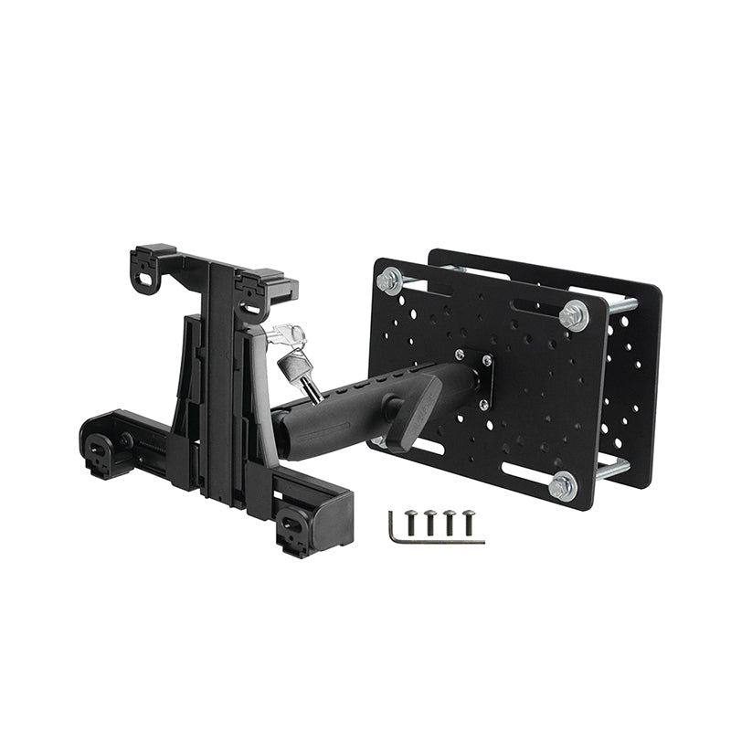 The LockVise™ Locking Forklift Overhead Guard Tablet Mount with 8.5 Metal Shaft is shown disassembled, featuring its mounting plate, arm mechanism, and screws on a white background—ideal for secure tablet placement.