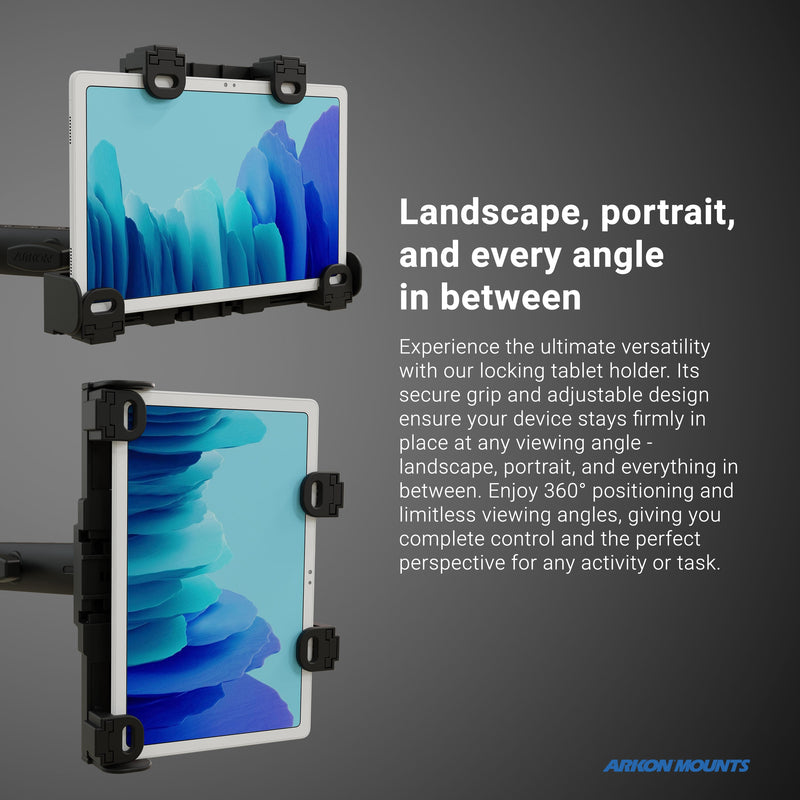 Two tablets—one landscape, one portrait—are displayed in LockVise™ Locking Forklift Overhead Guard Tablet Mounts with 8.5 metal shafts, on a gray background. Text highlights 360° positioning and versatile viewing angles. Arkon Mounts logo is at bottom right.