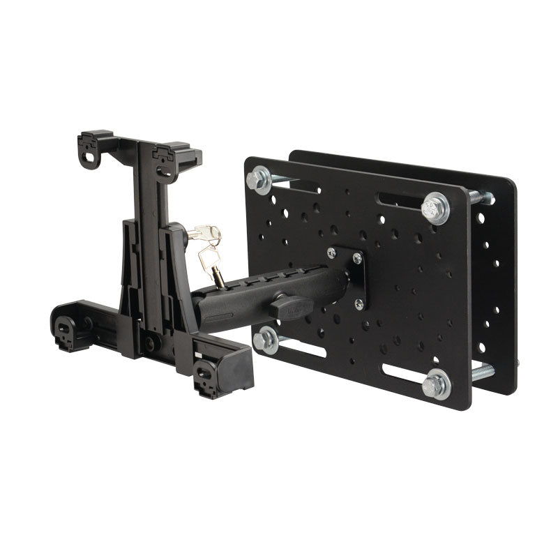 The LockVise™ Locking Forklift Overhead Guard Tablet Mount with 6 metal shaft features adjustable support arms, a locking mechanism, and multiple mounting points—ideal as a secure tablet holder. Shown against a plain white background.