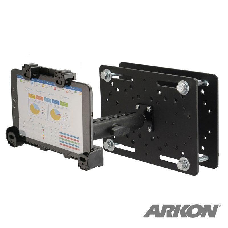 A tablet displaying charts is mounted on the LockVise™ Locking Forklift Overhead Guard Tablet Mount with a 6 metal shaft, ideal for warehouse use. The mount features a black adjustable design and shows the ARKON logo in the bottom right corner.