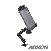 The LockVise™ Locking Tablet Mount with Multi-Angle Arm holds a tablet at an angle, features multiple positioning joints, and includes the 4-hole AMPS pattern. The ARKON logo appears in the lower right corner.