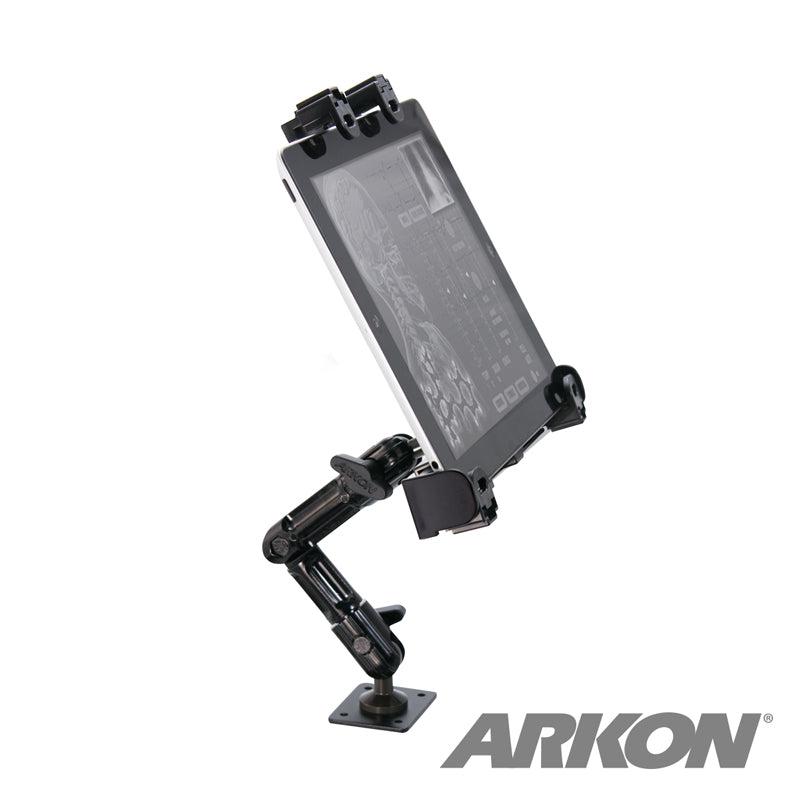 The LockVise™ Locking Tablet Mount with Multi-Angle Arm holds a tablet at an angle, features multiple positioning joints, and includes the 4-hole AMPS pattern. The ARKON logo appears in the lower right corner.