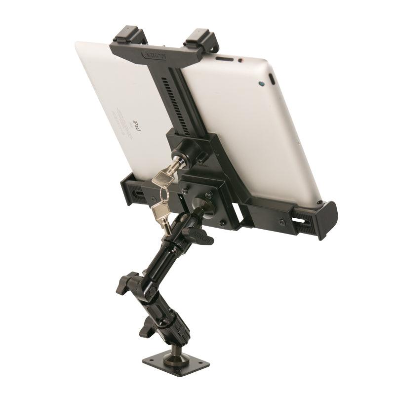The LockVise™ Locking Tablet Mount with Multi-Angle Arm securely grips your device, offering a metallic build, sturdy adjustable arm, and a flat base with 4-hole AMPS pattern for stable, flexible positioning.