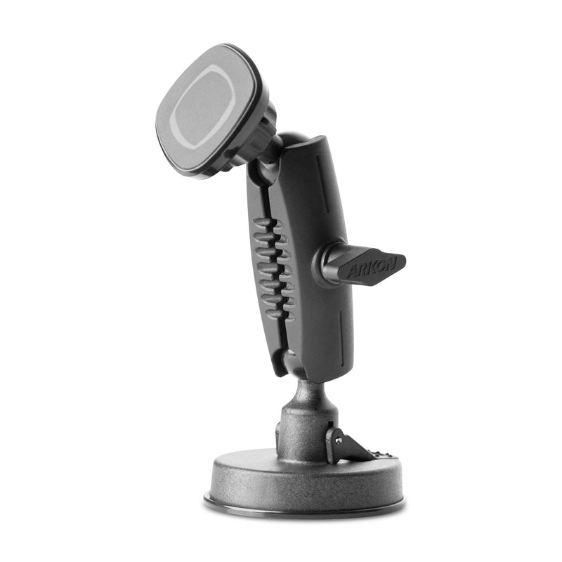 The Magnetic Holder with Suction Mount is a black and gray adjustable car phone mount, shown upright on a white background. It has a rotating joint and locking mechanism for precise positioning on your dashboard.