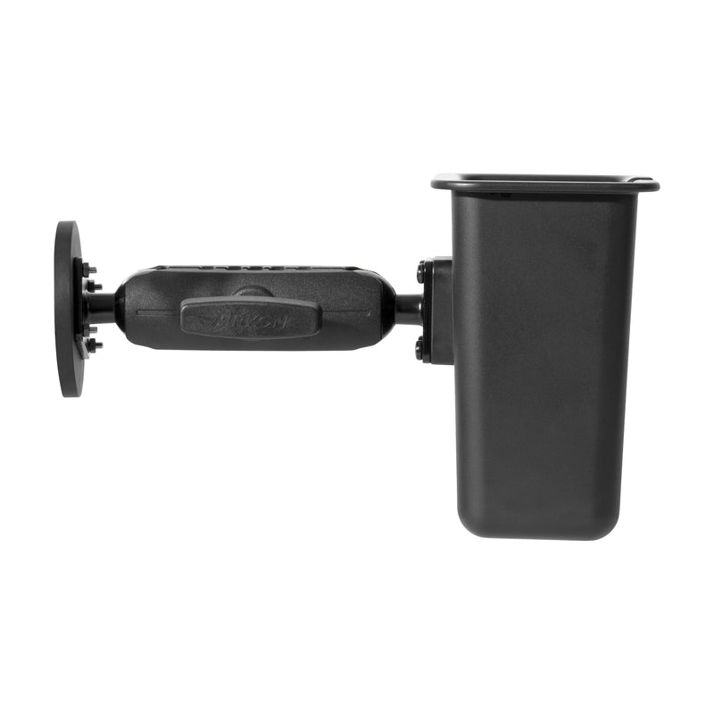 The Magnetic Mount with Barcode Scanner Holster Holder is shown in side profile on a white background. It features a black plastic adjustable arm and base designed for secure flat-surface attachment, ideal for warehouse barcode scanning.