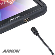 A close-up of a Samsung tablet in a black case features the ARKON logo and a Magnetic USB to Micro USB Charge Cable with a small cylindrical connector near the tablet’s corner.