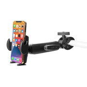 A smartphone is secured in the Mega Grip RoadVise® Clamp Mount with a 5.75” arm, attached to a white pole. The phone, showing multiple app icons, rests horizontally in the sturdy black universal holder.