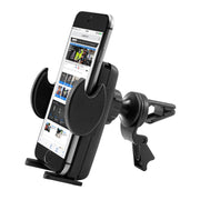 A Car Vent Mount with Mega Grip™ Holder in black secures a phone displaying a website, attached to a car’s air vent.