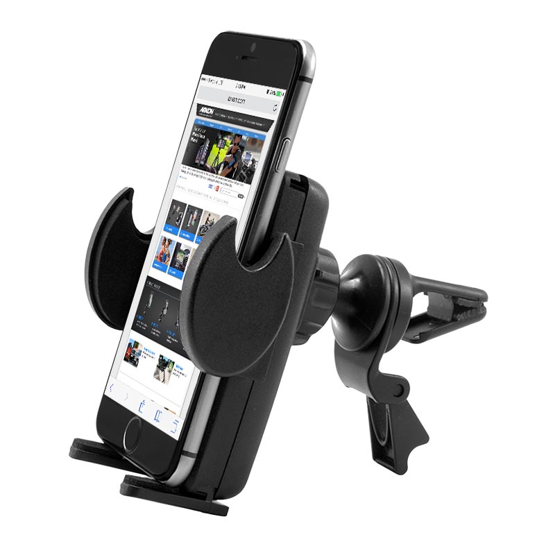 A Car Vent Mount with Mega Grip™ Holder in black secures a phone displaying a website, attached to a car’s air vent.