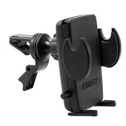 The black Car Vent Mount with Mega Grip™ Holder has adjustable side grips, a spring-loaded clip for vehicle air vent attachment, and the Arkon brand name on the front. The holder is angled slightly to the right.