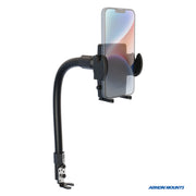 The Mega Grip™ Phone Holder with Car Seat Rail Mount and 18 Gooseneck keeps your phone upright using adjustable grips, a sturdy base, and a black design—ideal for secure mounting in your car.