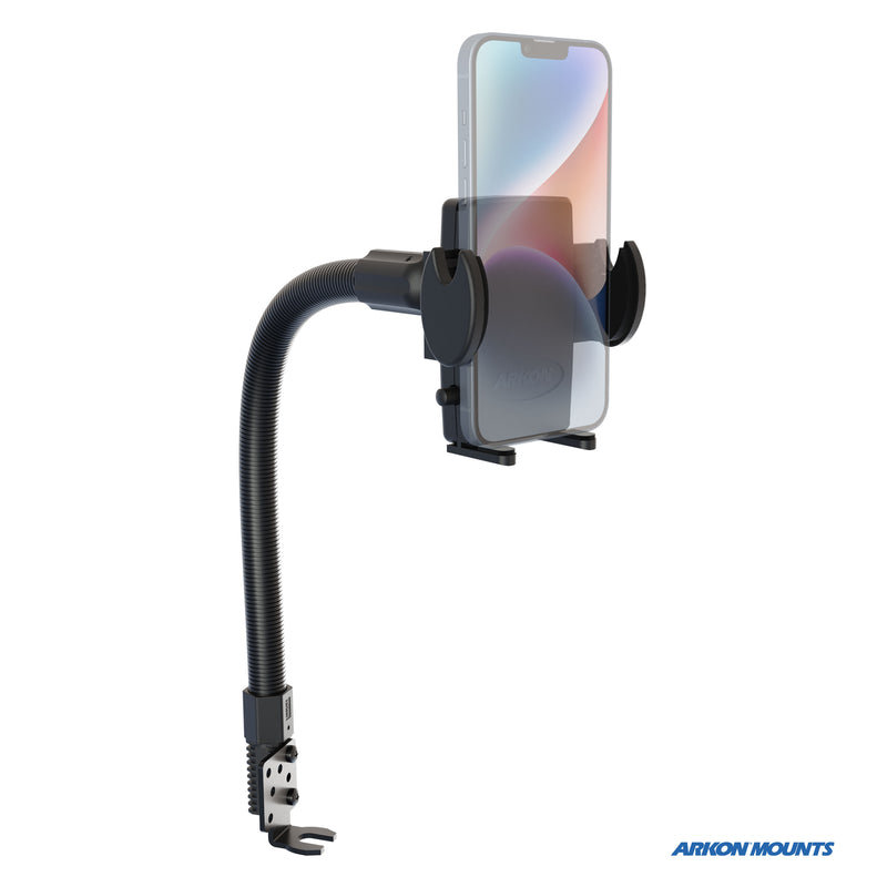 The Mega Grip™ Phone Holder with Car Seat Rail Mount and 18 Gooseneck keeps your phone upright using adjustable grips, a sturdy base, and a black design—ideal for secure mounting in your car.