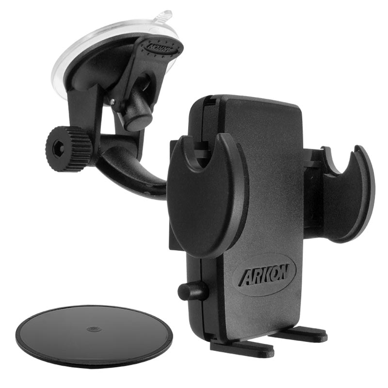 The Mega Grip™ Phone Holder features an adjustable design with a suction mount base and round adhesive pad for securing your smartphone on your car’s windshield or dashboard. The ARKON brand is displayed on the front.