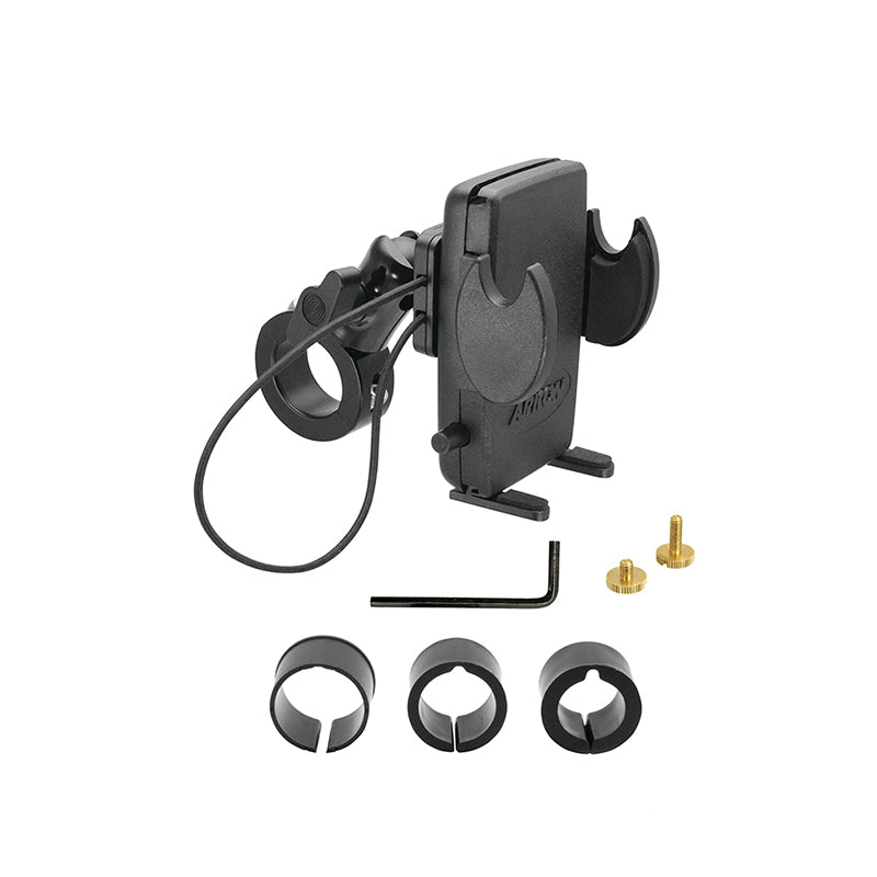 The Mega Grip™ Premium Aluminum Motorcycle Handlebar Smartphone Mount in black comes with an adjustable clamp, circular spacers, screws, and an Allen key—ideal as a sturdy universal phone holder for any ride.