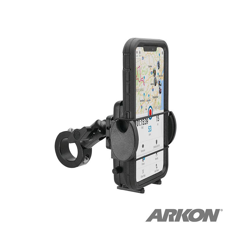 A black Mega Grip™ Premium Aluminum Motorcycle Handlebar Smartphone Mount securely holds a smartphone displaying a map. This universal phone holder attaches to handlebars and is ideal for bikes or motorcycles, with the Arkon logo visible in the corner.