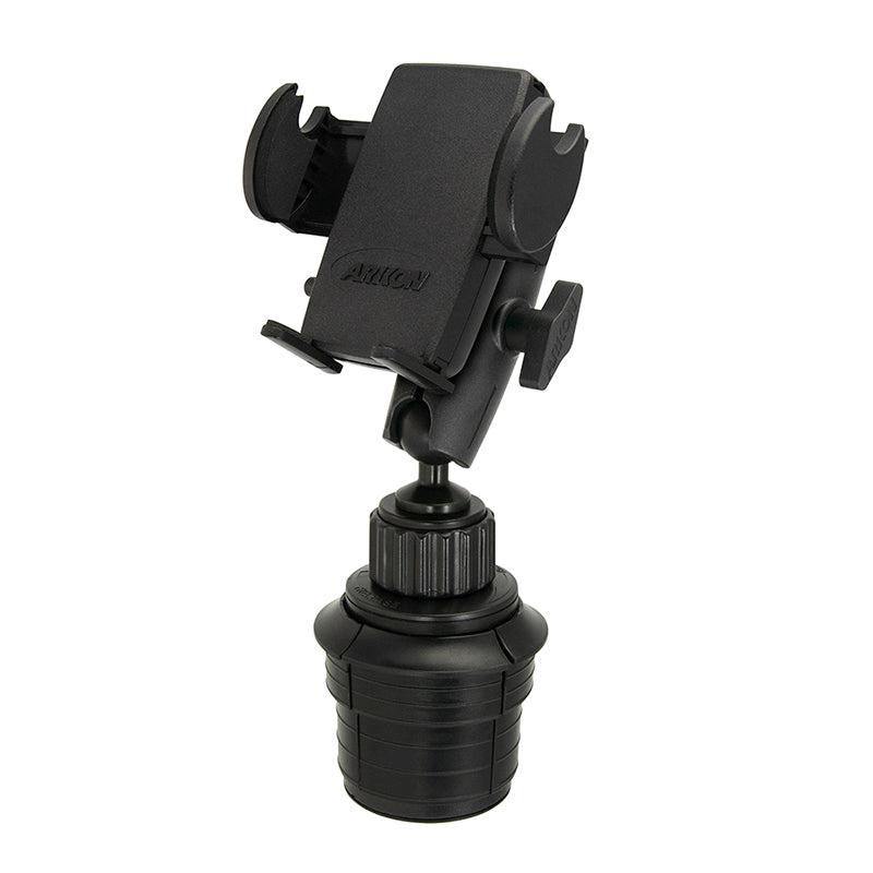 The Mega Grip™ Universal Car Cup Holder Phone Mount offers hands-free navigation with a rotating joint and padded grips to securely hold your smartphone. This adjustable black cradle fits most cars for convenient, secure access on the go.