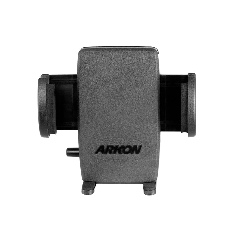 A black Mega Grip™ Universal Phone Holder - 4-Hole AMPS Compatible with adjustable side grips, shown facing forward against a white background.