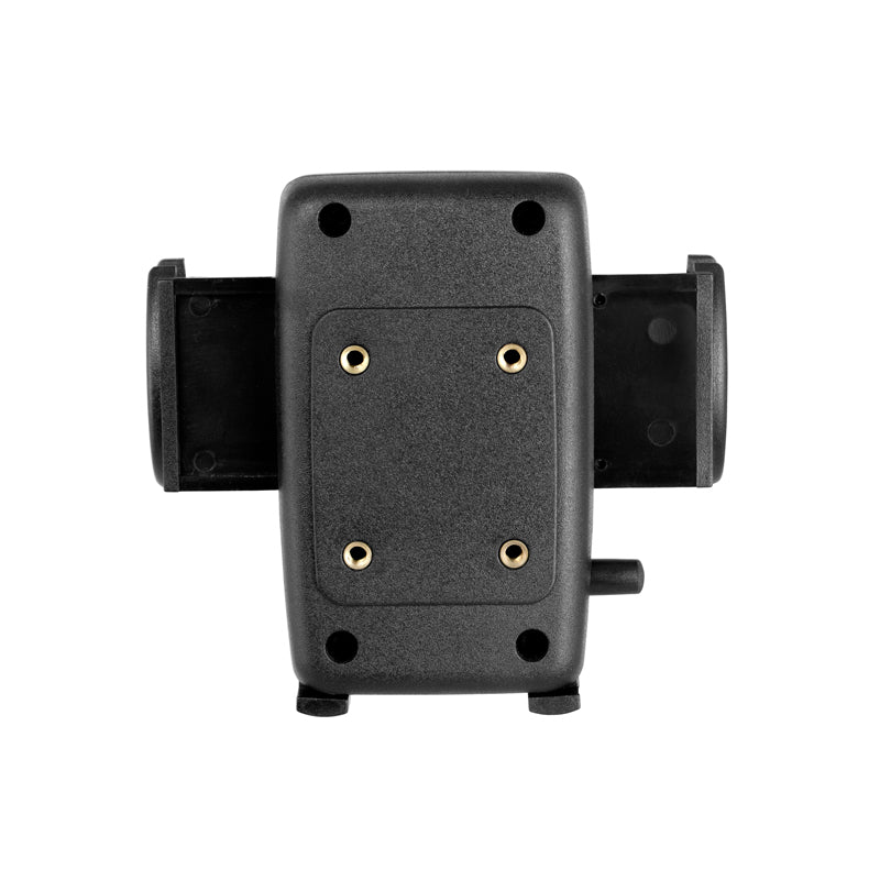 The Mega Grip™ Universal Phone Holder - 4-Hole AMPS Compatible is a black, rectangular device with a flat top, four gold screws, and side extensions, shown from above on a plain white background.
