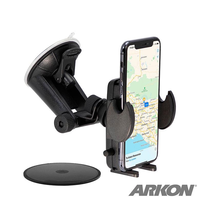 A black Mega Grip™ Windshield Phone Mount securely holds a smartphone with a map. Featuring an adjustable grip and suction cup base, this car mount keeps your device steady. The Arkon logo is visible in the lower right corner.
