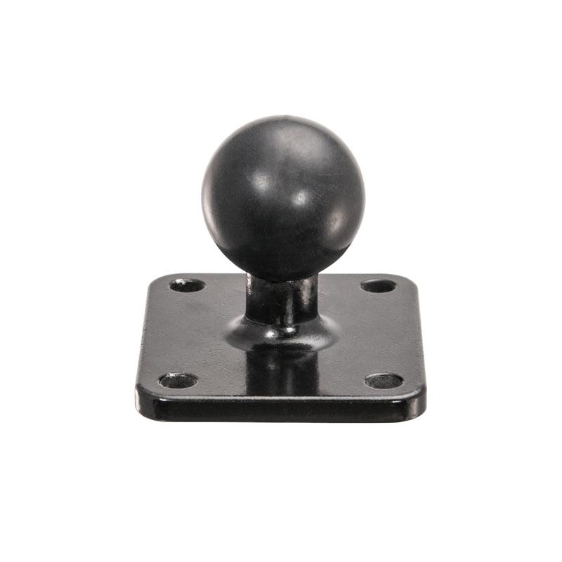 The Metal 4-Hole AMPS to 25mm (1 inch) Rubber Ball Adapter is a black metal plate with a central round rubber ball and four screw holes for mounts like the Arkon Robust Series.