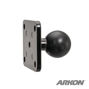 The Metal 4-Hole AMPS to 25mm (1 inch) Rubber Ball Adapter is a black mounting plate with a ball joint and multiple screw holes, designed for device attachment; the Arkon logo appears in the bottom right corner.