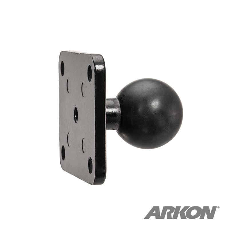 The Metal 4-Hole AMPS to 25mm (1 inch) Rubber Ball Adapter is a black mounting plate with a ball joint and multiple screw holes, designed for device attachment; the Arkon logo appears in the bottom right corner.