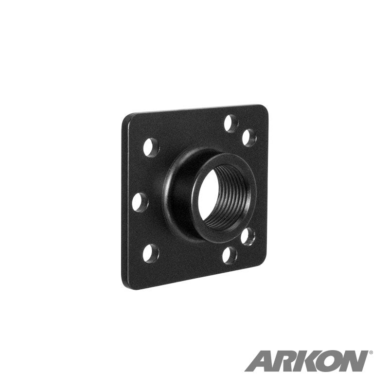 The Metal 4-Hole AMPS to Zirkona MAX3 Female Thread Adapter is a black metal plate with a threaded center and eight holes, compatible with AMPS drill-base adapters and Gamber Johnson NEC Triangle Hole Pattern. Arkon logo on bottom right.