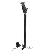 The Metal Car or Truck Seat Rail or Floor Mount - Dual-T Compatible is a black adjustable bracket with a flexible gooseneck arm, metal plate, small hook, and four screws—ideal as a universal tablet holder. All items shown on a white background.