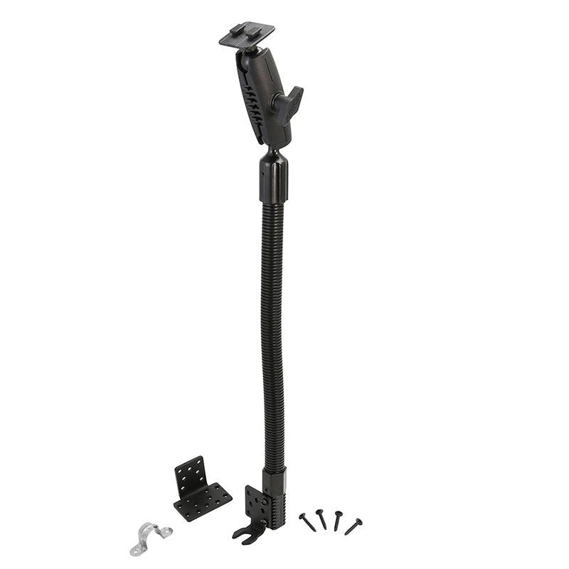 The Metal Car or Truck Seat Rail or Floor Mount - Dual-T Compatible is a black adjustable bracket with a flexible gooseneck arm, metal plate, small hook, and four screws—ideal as a universal tablet holder. All items shown on a white background.