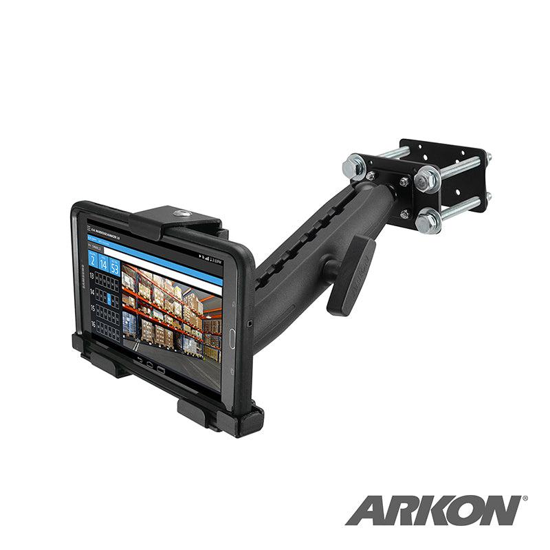 The LockVise™ Metal Locking Front Guard Tablet Mount with 8.5 Metal Robust™ Shaft is a black adjustable mount with a sturdy arm and clamp holding a calendar-view tablet—ideal as a warehouse holder, featuring the ARKON logo bottom right.