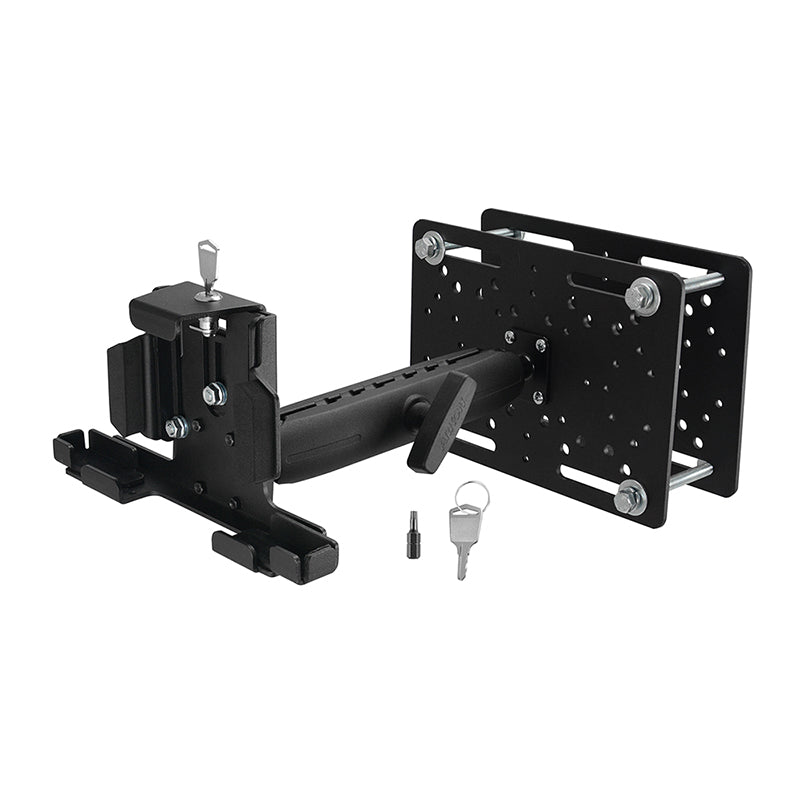 The LockVise™ Metal Locking Overhead Guard Tablet Mount with 8.5 Metal Robust™ Shaft, featuring a secure locking mechanism, two keys, and mounting hardware, is shown on a white background.