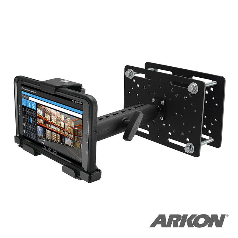 The LockVise™ Metal Locking Overhead Guard Tablet Mount with 8.5 Metal Robust™ Shaft securely holds a tablet in split-screen mode on a flat perforated plate, with the Arkon logo visible in the bottom right corner.