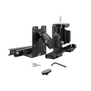 The LockVise™ Metal Locking Car Headrest Tablet Mount with 2.75 Shaft, shown in black with adjustable arms, secure clamp, two keys, hex wrench, and plastic cap, is displayed against a plain white background.