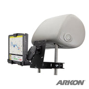 A tablet displaying a GPS map is mounted on a car headrest using the LockVise™ Metal Locking Car Headrest Tablet Mount with 2.75 Shaft; the ARKON logo appears in the bottom right corner.