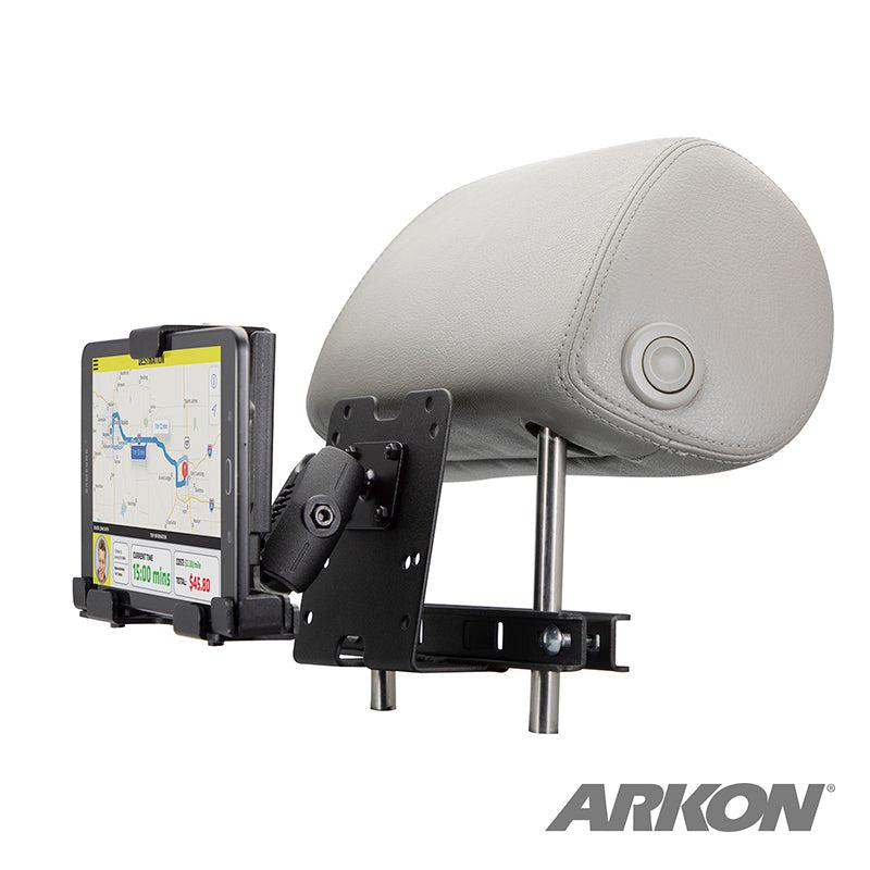 A tablet displaying a GPS map is mounted on a car headrest using the LockVise™ Metal Locking Car Headrest Tablet Mount with 2.75 Shaft; the ARKON logo appears in the bottom right corner.