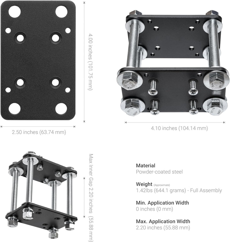 LockVise™ Metal Locking Forklift Front Guard Tablet Mount with 3.75 shaft, powder-coated steel plate (4 x 2.5 in.), bracket width 4.1 in., max inner gap 2.2 in., weighs 1.42 lbs; bolts included; shown from multiple angles with labeled dimensions.