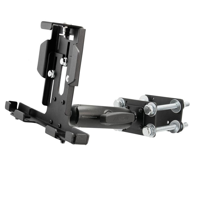 The LockVise™ Metal Locking Forklift Front Guard Tablet Mount with 5 Metal Robust™ Shaft is a black adjustable metal bracket with bolts and screws for securely mounting your device to flat or tubular surfaces in warehouses or on forklifts.