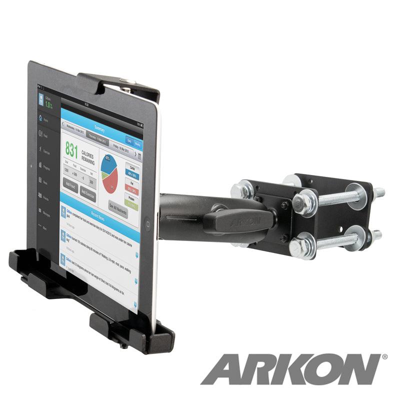 A tablet is mounted on the LockVise™ Metal Locking Forklift Front Guard Tablet Mount with 5 Metal Robust™ Shaft, attached to a metal frame. The screen shows graphs and stats, with the ARKON logo in the bottom right corner.