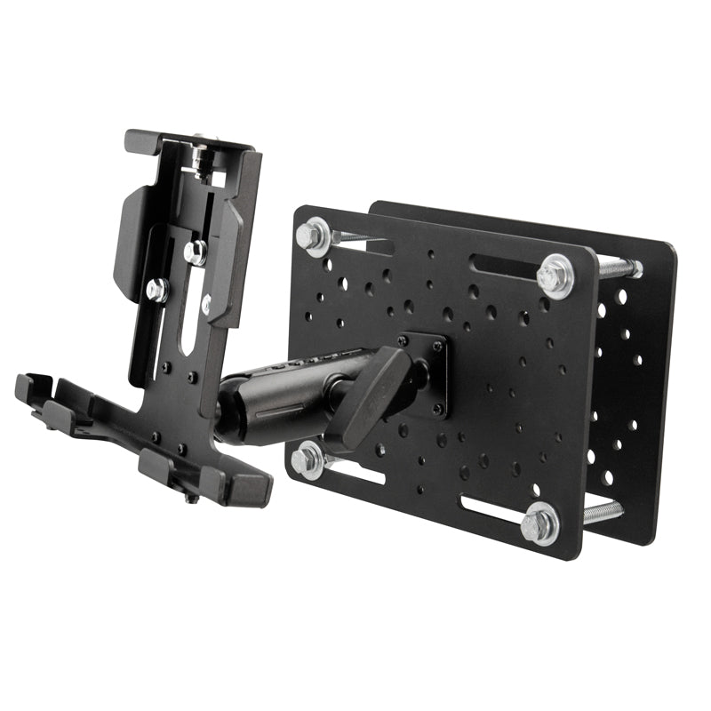 The LockVise™ Metal Locking Forklift Overhead Guard Tablet Mount with 5 Metal Robust™ Shaft securely attaches tablets to flat surfaces with an adjustable metal bracket, clamp, and multiple mounting holes for forklifts or other electronic devices.