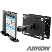 The LockVise™ Metal Locking Forklift Overhead Guard Tablet Mount with 5 Metal Robust™ Shaft holds a tablet displaying charts and data. The mount features a bracket arm, mounting plate, and the Arkon logo in the bottom right corner.