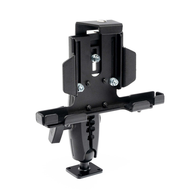 The LockVise™ Metal Locking Tablet Mount features a 5 metal shaft, drill base mount, and clamp for secure device holding. Made of metal and plastic, it has a rugged adjustable bracket labeled Arkon on the side.