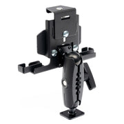 Side view of the LockVise™ Metal Locking Tablet Mount, showing its black rugged aluminum bracket with a 5 metal shaft. Features include a clamp on one end and a flat drill base mount for secure tablet installation.