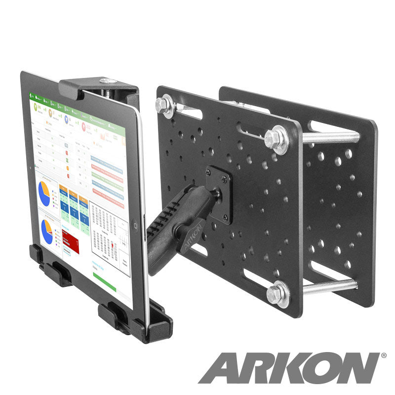 A LockVise™ Metal Locking Forklift Overhead Guard Tablet Mount with 3.75 Shaft securely holds a tablet displaying a data chart; the ARKON logo appears in the image’s bottom right corner.