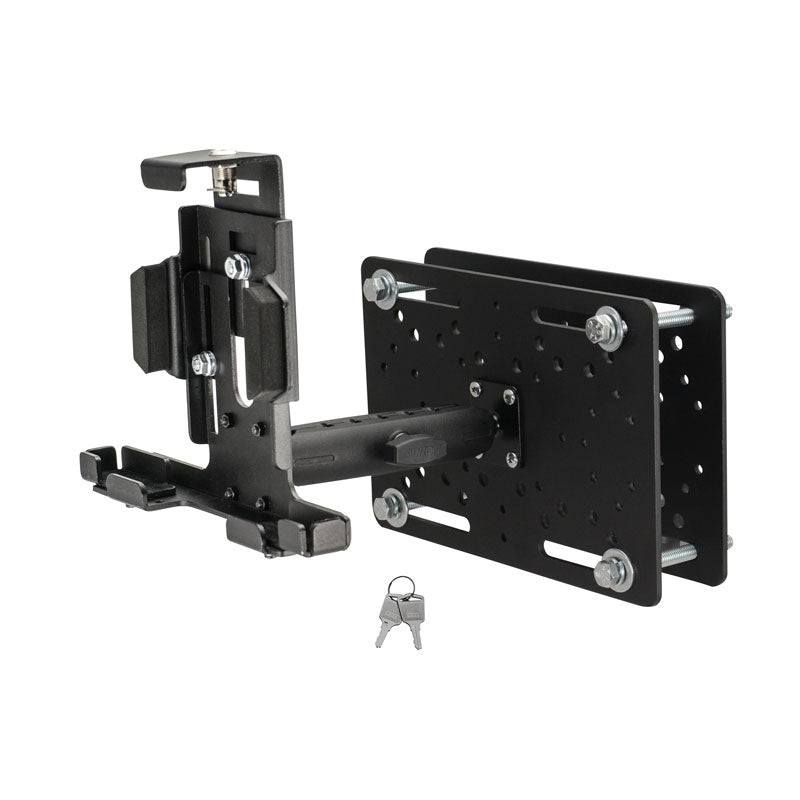 The LockVise™ Metal Locking Forklift Overhead Guard Tablet Mount with 6 shaft securely holds devices in warehouses; includes an adjustable wall bracket and two keys placed in front of the mount.