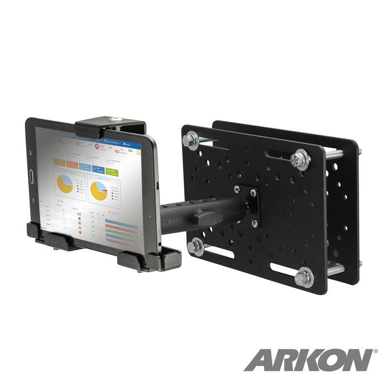 The LockVise™ Metal Locking Forklift Overhead Guard Tablet Mount with 6 Shaft securely holds a tablet showing charts and graphs, with the ARKON logo visible. Perfect for warehouses or industrial forklift use.