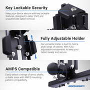 An infographic highlights the LockVise™ Metal Locking Forklift Overhead Guard Tablet Mount with 6 Shaft, featuring key lock security, a fully adjustable tablet holder, and AMPS compatibility; close-ups show each feature in detail.