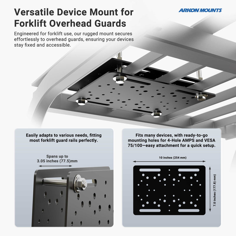 The LockVise™ Metal Locking Forklift Overhead Guard Tablet Mount with 6 Shaft attaches to a forklift guard, features adjustable slots and multiple mounting holes, and is a versatile warehouse tablet holder for various devices. Arkon Mounts branding is displayed.