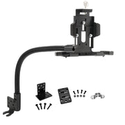 The LockVise™ Metal Locking Seat Rail Tablet Mount with 22 aluminum gooseneck features a black adjustable holder, flexible arm, screws, brackets, and mounting hardware—perfect for secure in-vehicle tablet mounting.