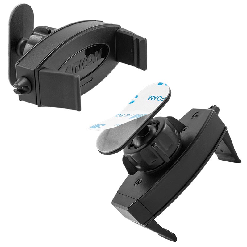 Two black Mobile Grip 2 Adhesive Phone Car Mounts for iPhone, Galaxy, Note, and more are shown at different angles, highlighting the grip and mounting mechanism. “ARKON” branding is visible on one of these universal phone holders.