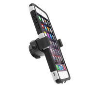 A smartphone in a black and white case is held in the Mobile Grip 2 Universal Phone Holder, displaying app icons. The adjustable mount, suited for iPhone, Galaxy, Note, and more, attaches easily to surfaces like a car dashboard or vent.